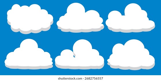Una colección de iconos de nube blanca sobre un fondo azul, diseños de nube de estilo de dibujos animados. Vectores de nubes blancas en diseño plano. Nubes. Temas de cielo, nubes, clima, Clima y temperatura.