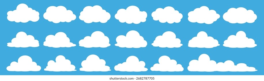 Una colección de iconos de nube blanca sobre un fondo azul, diseños de nube de estilo de dibujos animados. Vectores de nubes blancas en diseño plano. Nubes. Temas de cielo, nubes, clima, Clima y temperatura.