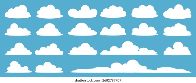 Una colección de iconos de nube blanca sobre un fondo azul, diseños de nube de estilo de dibujos animados. Vectores de nubes blancas en diseño plano. Nubes. Temas de cielo, nubes, clima, Clima y temperatura.