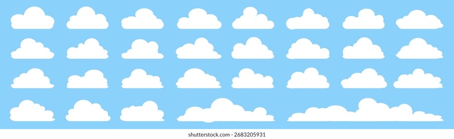 Una colección de iconos de nube blanca sobre un fondo azul, diseños de nube de estilo de dibujos animados. Vectores de nubes blancas en diseño plano. Nubes. Temas de cielo, nubes, clima, Clima y temperatura.