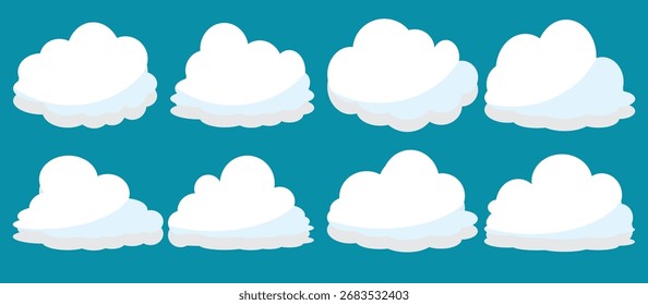 Una colección de iconos de nube blanca sobre un fondo azul, diseños de nube de estilo de dibujos animados. Vectores de nubes blancas en diseño plano. Nubes. Temas de cielo, nubes, clima, Clima y temperatura.
