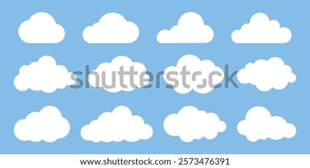 Collection of white cloud icons on a blue background. Various cloud shapes, cloud patterns, and cloud designs. Perfect for weather, sky, and nature themes. Weather illustration, vector set.