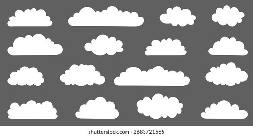 Una colección de ilustraciones de nubes blancas sobre un fondo gris. Vector conjunto de nubes de dibujos animados en diseño plano. Conjunto de iconos de nube.