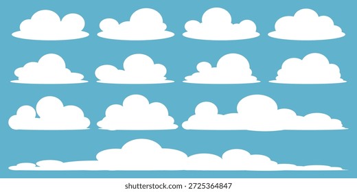 A collection of white cloud illustrations on a blue sky background. A set of cartoon cloud vectors in flat design. Flat design of the sky and clouds.