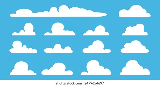 Colección de ilustraciones de nubes blancas. Vector conjunto de nubes de dibujos animados en diseño plano.Nube.