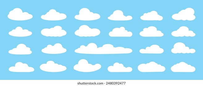 Colección de ilustraciones de nubes blancas. Vector conjunto de nubes de dibujos animados en diseño plano.Nube.