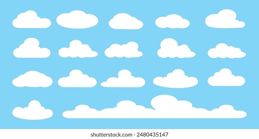 Colección de ilustraciones de nubes blancas. Vector conjunto de nubes de dibujos animados en diseño plano.Nube.