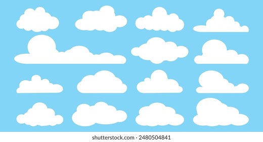 Kollektion von White Cloud Illustrationen. Vektorgrafik-Set von Cartoon-Wolken in flachem Design.Cloud.