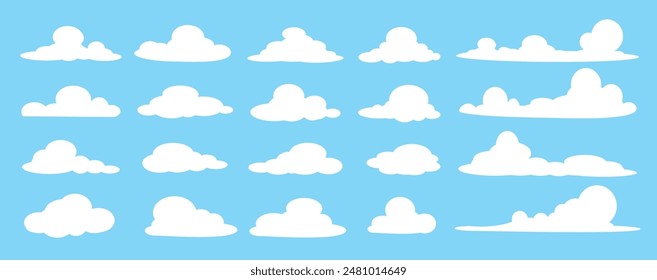 Colección de ilustraciones de nubes blancas. Vector conjunto de nubes de dibujos animados en diseño plano.Nube.