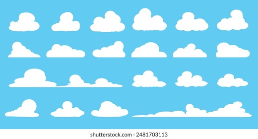 Colección de ilustraciones de nubes blancas. Vector conjunto de nubes de dibujos animados en diseño plano.Nube.