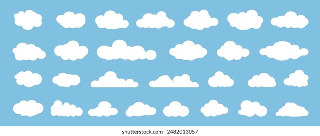 Colección de ilustraciones de nubes blancas. Vector conjunto de nubes de dibujos animados en diseño plano.Nube.