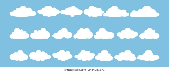 Colección de ilustraciones de nubes blancas. Vector conjunto de nubes de dibujos animados en diseño plano.Nube.