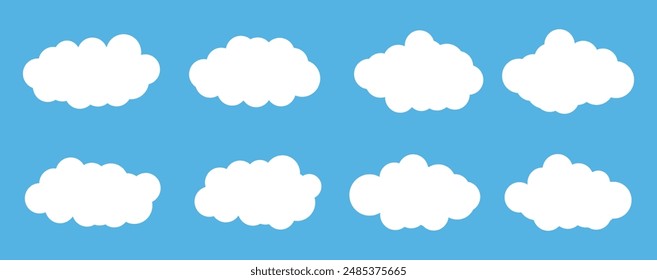 Colección de ilustraciones de nubes blancas. Vector conjunto de nubes de dibujos animados en diseño plano.Nube.