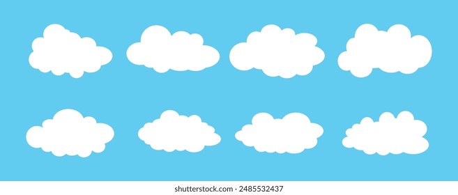 Colección de ilustraciones de nubes blancas. Vector conjunto de nubes de dibujos animados en diseño plano.Nube.