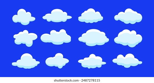 Colección de ilustraciones de nubes blancas. Vector conjunto de nubes de dibujos animados en diseño plano.Conjunto de iconos de la nube. 