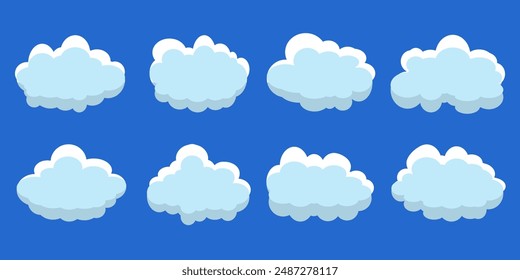 Colección de ilustraciones de nubes blancas. Vector conjunto de nubes de dibujos animados en diseño plano.Conjunto de iconos de la nube. 