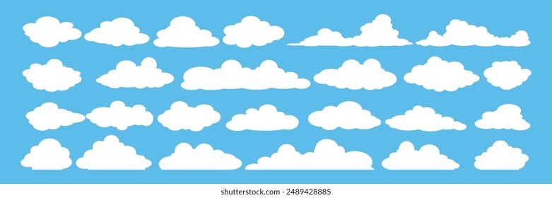 Kollektion von White Cloud Illustrationen. Vektorgrafik-Set von Cartoon-Wolken in flachem Design.Cloud-Icon-Set. 