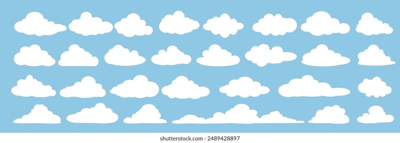 Collection of white cloud illustrations. Vector set of cartoon clouds in flat design.Cloud icon set. 