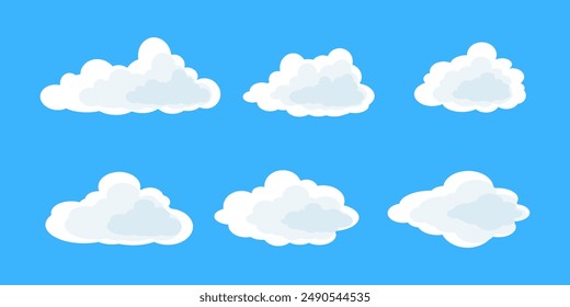 Colección de ilustraciones de nubes blancas. Vector conjunto de nubes de dibujos animados en diseño plano.Conjunto de iconos de la nube. 