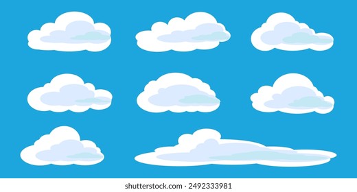 Collection of white cloud illustrations. Vector set of cartoon clouds in flat design.Cloud icon set. 