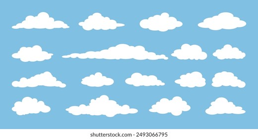 Collection of white cloud illustrations. Vector set of cartoon clouds in flat design.Cloud icon set. 