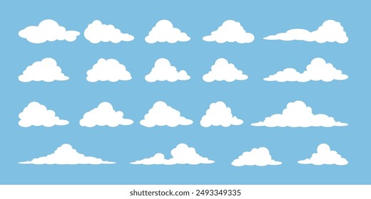 Collection of white cloud illustrations. Vector set of cartoon clouds in flat design.Cloud icon set. 