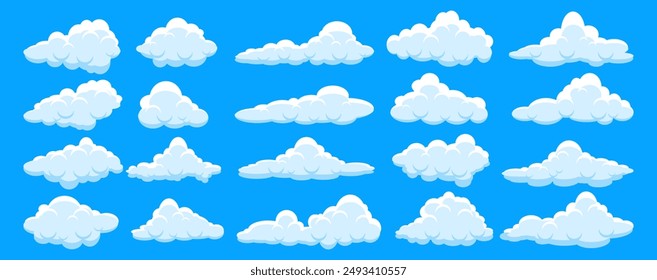 Collection of white cloud illustrations. Vector set of cartoon clouds in flat design.Cloud icon set. 