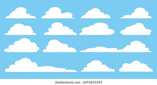 Colección de ilustraciones de nubes blancas. Vector conjunto de nubes de dibujos animados en diseño plano.Nube.