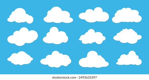 Colección de ilustraciones de nubes blancas. Vector conjunto de nubes de dibujos animados en diseño plano.Nube.