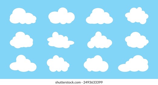 Colección de ilustraciones de nubes blancas. Vector conjunto de nubes de dibujos animados en diseño plano.Nube.