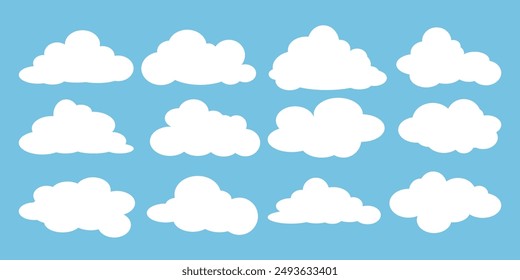 Colección de ilustraciones de nubes blancas. Vector conjunto de nubes de dibujos animados en diseño plano.Nube.