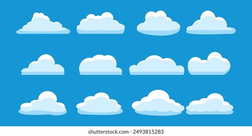 Colección de ilustraciones de nubes blancas. Vector conjunto de nubes de dibujos animados en diseño plano.Nube.