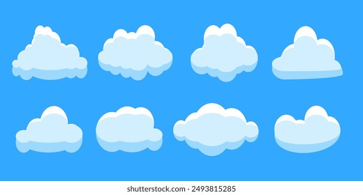 Colección de ilustraciones de nubes blancas. Vector conjunto de nubes de dibujos animados en diseño plano.Nube.