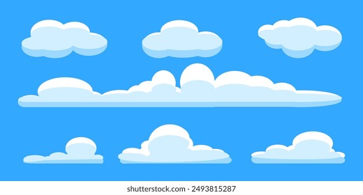 Colección de ilustraciones de nubes blancas. Vector conjunto de nubes de dibujos animados en diseño plano.Nube.