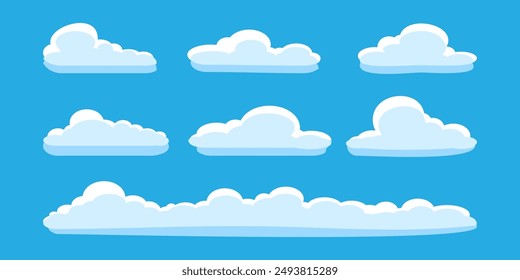 Colección de ilustraciones de nubes blancas. Vector conjunto de nubes de dibujos animados en diseño plano.Nube.