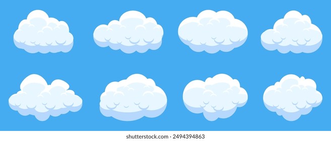 Colección de ilustraciones de nubes blancas. Vector conjunto de nubes de dibujos animados en diseño plano.Nube.