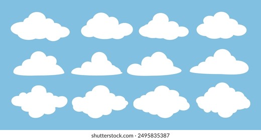 Colección de ilustraciones de nubes blancas. Vector conjunto de nubes de dibujos animados en diseño plano.Nube.