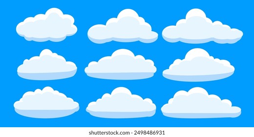 Colección de ilustraciones de nube blanca. Conjunto de Vector de nubes de dibujos animados en diseño plano.