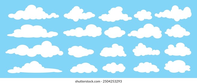 Colección de ilustraciones de nube blanca. Conjunto de Vector de nubes de dibujos animados en diseño plano.