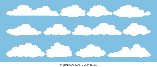 Colección de ilustraciones de nube blanca. Conjunto de Vector de nubes de dibujos animados en diseño plano.