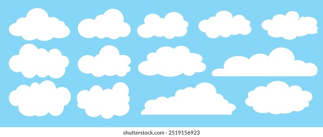 Coleção de ilustrações de nuvens brancas. Vetor conjunto de nuvens de desenhos animados em design plano.Nuvem.