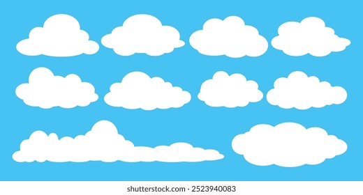 Coleção de ilustrações de nuvens brancas. Vetor conjunto de nuvens de desenhos animados em design plano.Nuvem.