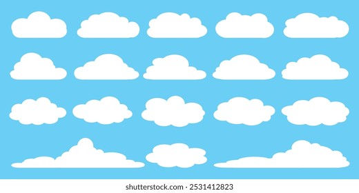 Colección de ilustraciones de nube blanca. Conjunto de Vector de nubes de dibujos animados en diseño plano.