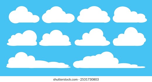 Coleção de ilustrações de nuvens brancas. Vetor conjunto de nuvens de desenhos animados em design plano.Nuvem.