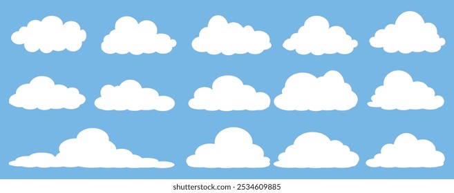 Colección de ilustraciones de nube blanca. Conjunto de Vector de nubes de dibujos animados en diseño plano.