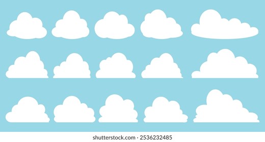 Colección de ilustraciones de nube blanca. Conjunto de Vector de nubes de dibujos animados en diseño plano.