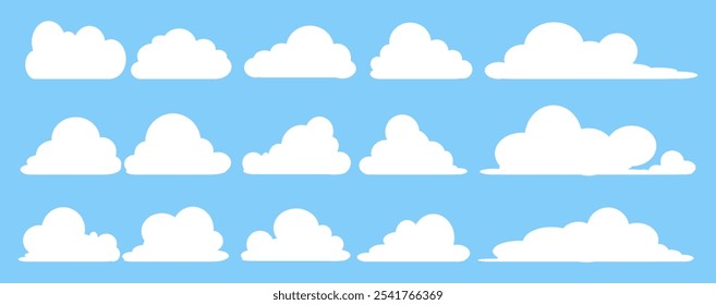 Coleção de ilustrações de nuvens brancas. Vetor conjunto de nuvens de desenhos animados em design plano.Nuvem.