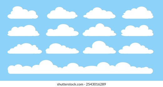 Coleção de ilustrações de nuvens brancas. Vetor conjunto de nuvens de desenhos animados em design plano.Nuvem.