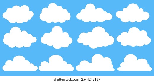 Coleção de ilustrações de nuvens brancas. Vetor conjunto de nuvens de desenhos animados em design plano.Nuvem.