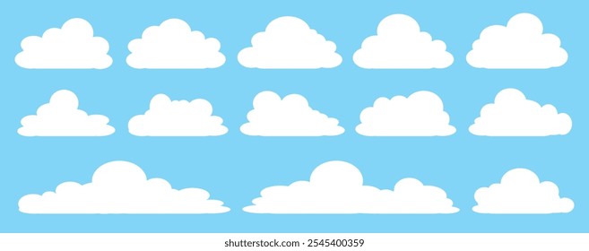 Colección de ilustraciones de nube blanca. Conjunto de Vector de nubes de dibujos animados en diseño plano.